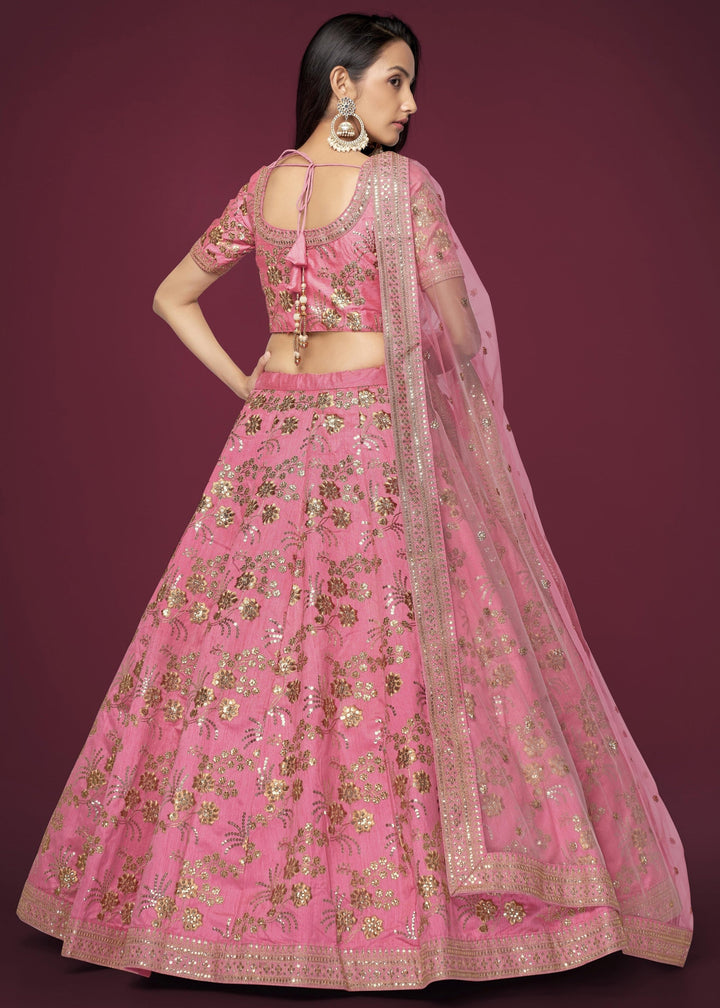 Pink Slub Silk Lehenga with Zari Sequins and Dori Embroidery Work