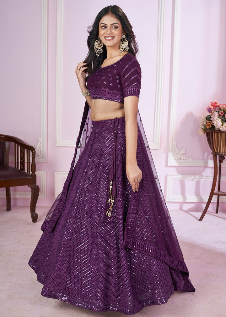 Dark Purple Georgette Lehenga Choli With Sequins And Thread Embroidery Work