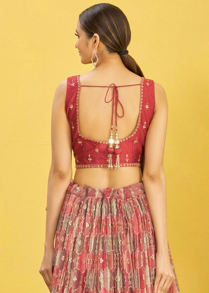 Shades Of Red Digital Printed Organza Lehenga with Thread,Zari & Sequins Work