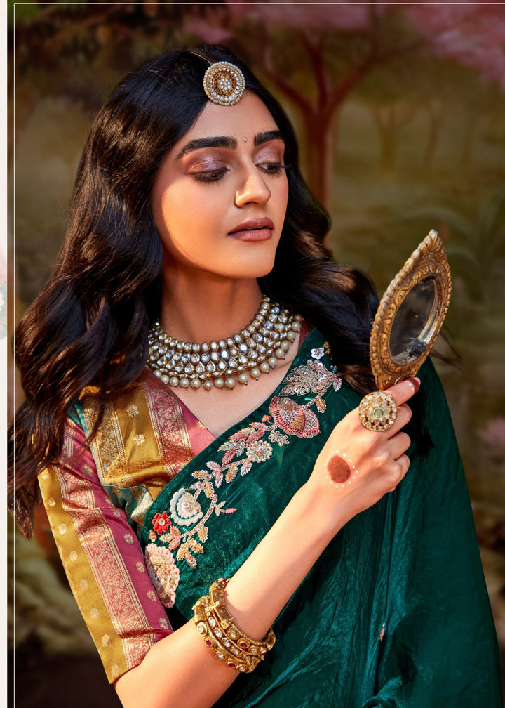 Multi-Shade And Green Cotton Silk Saree