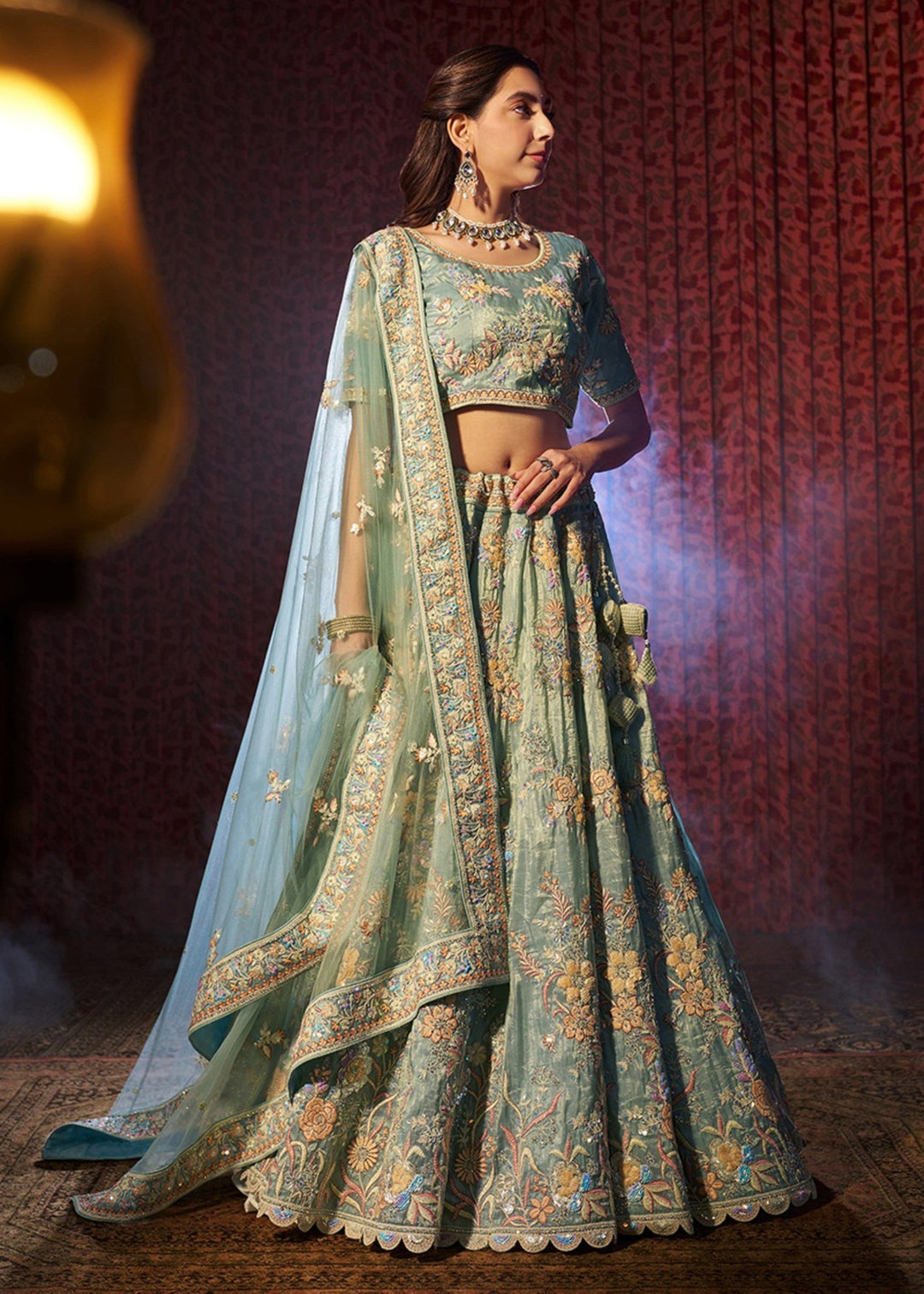 Torquise Dori Sequins Thread work Organza Lehenga