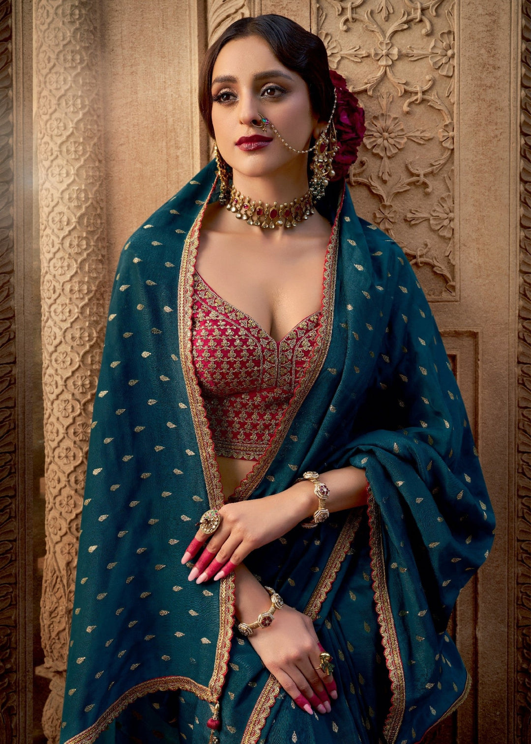 Teal Viscose Crepe Silk Saree