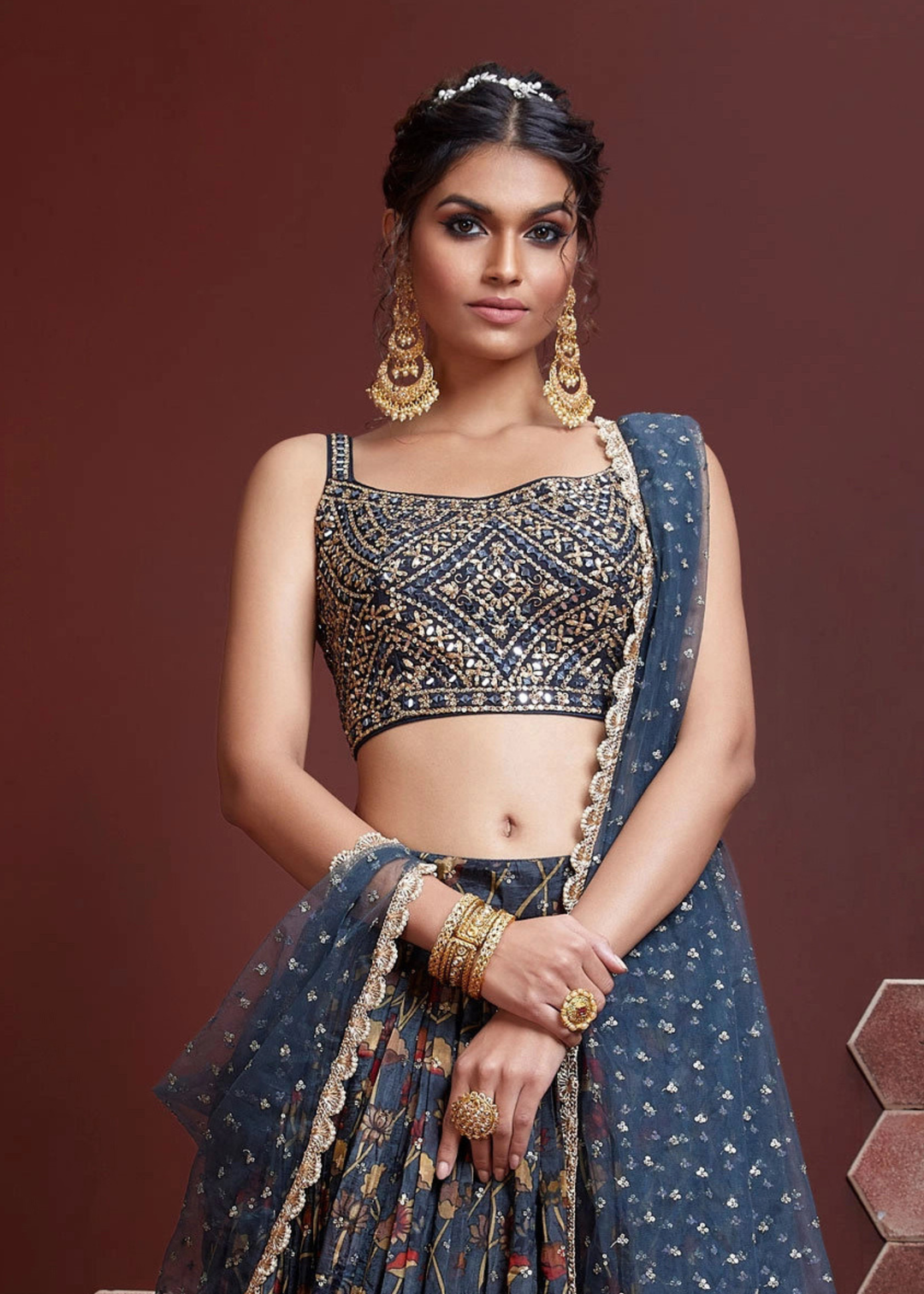 Dark Blue Floral Printed Chinon Silk Lehenga Choli with Sequins & Mirror work : Top Pick