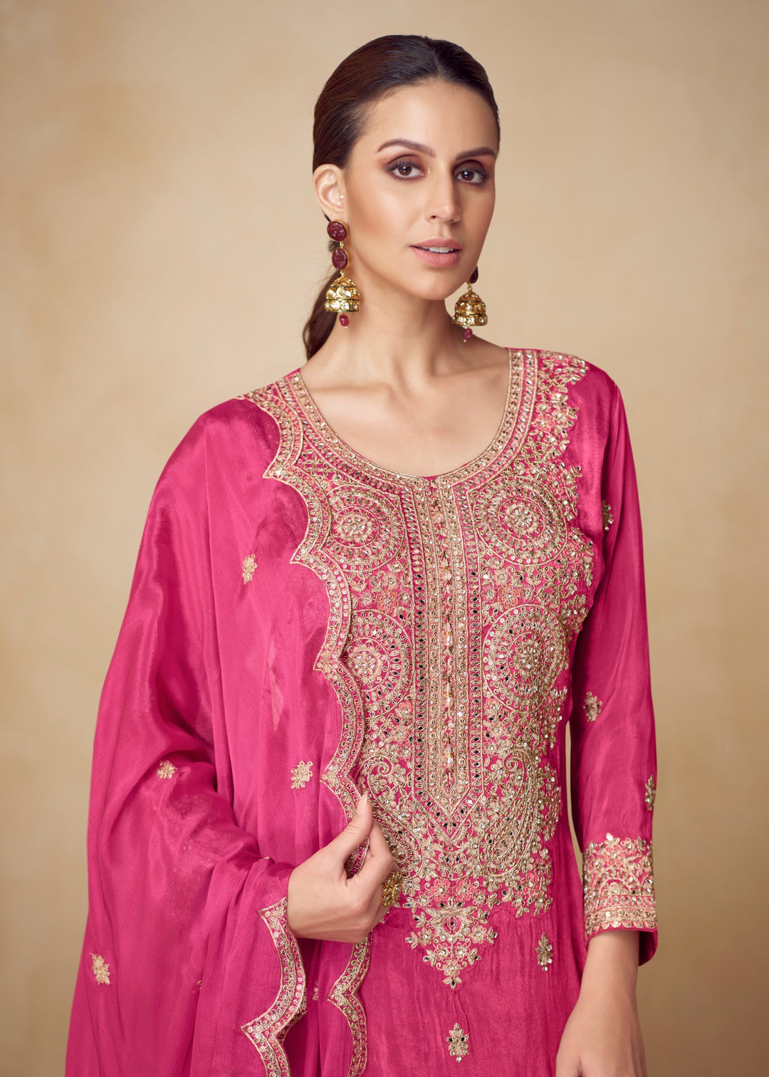 Rose Pink Chinon Palazzo Silk Suit With Beautiful Embroidery Work