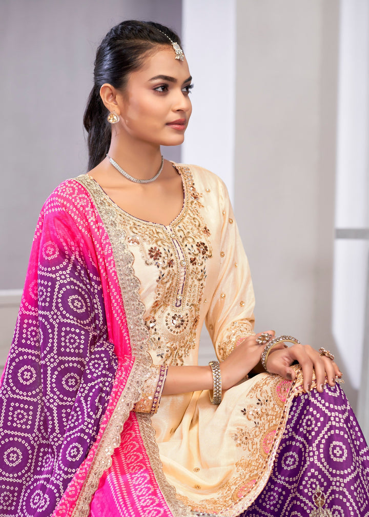 Purple And Pink Chinon SIlk Plazo Suit With Embroidered Work