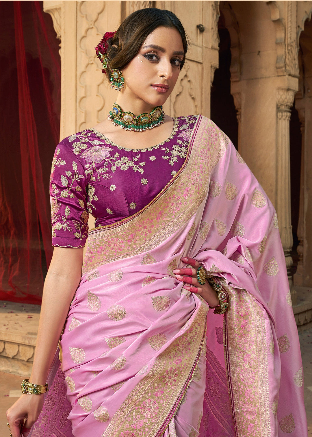 Neon Pink Satin Silk Saree