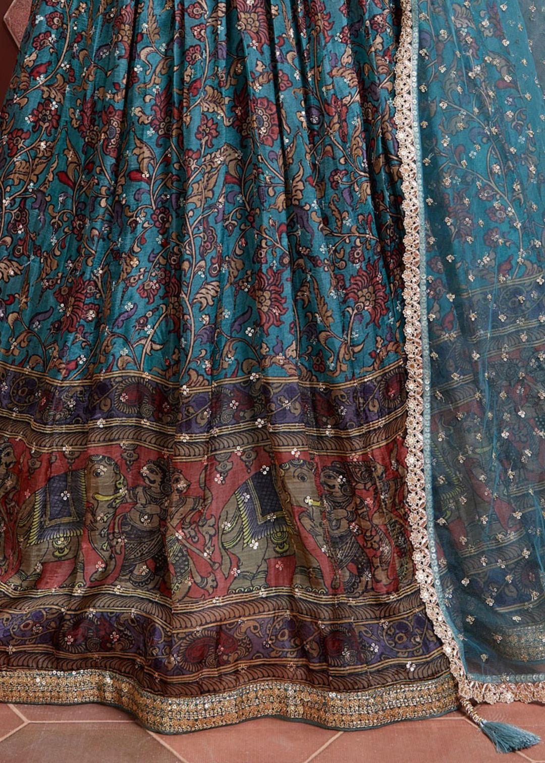 Azure Blue Floral Printed Chinon Silk Lehenga Choli with Sequins & Mirror work