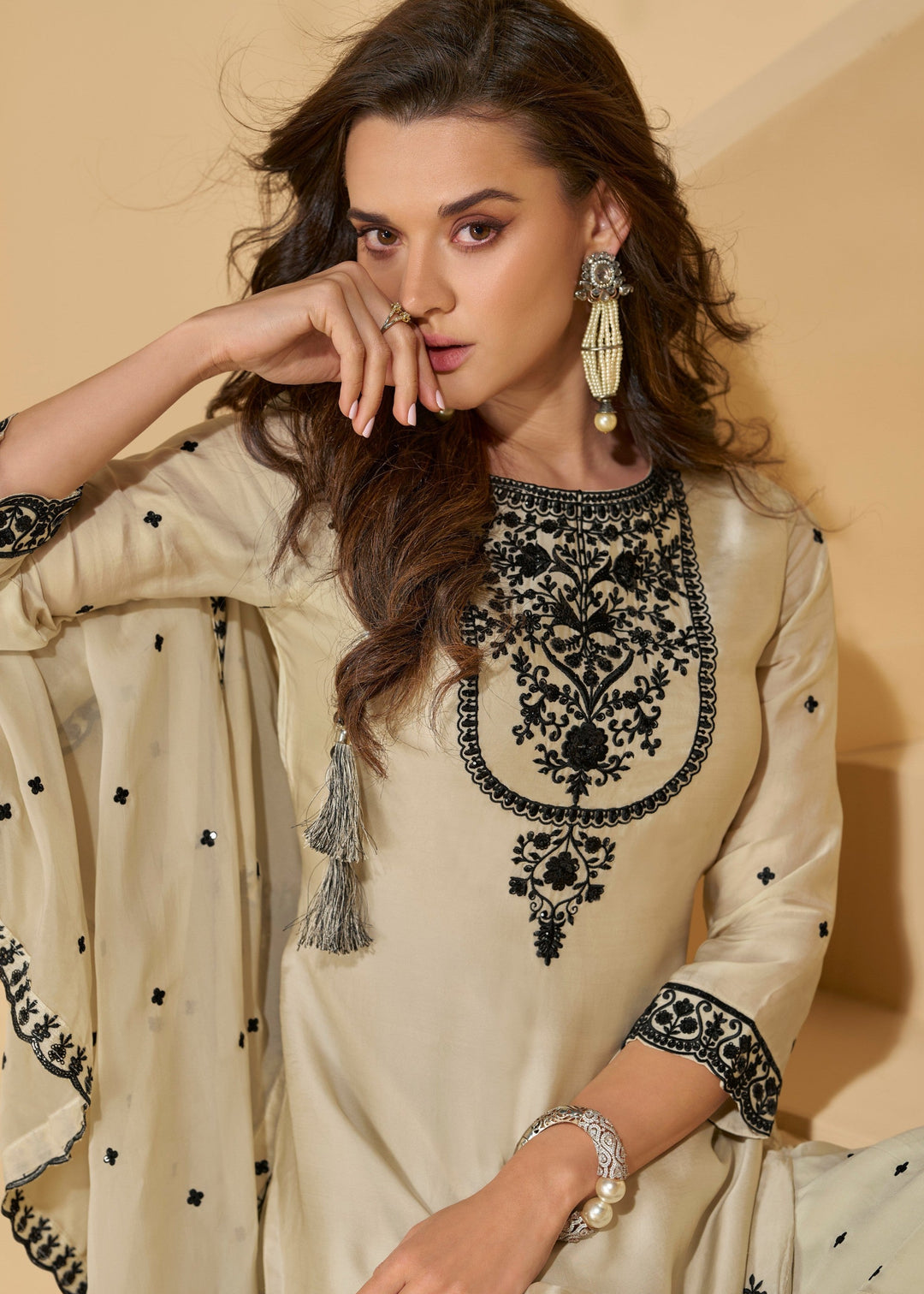 Creamy White Premium Real Chinnon Silk Heavy Look Salwar Suit