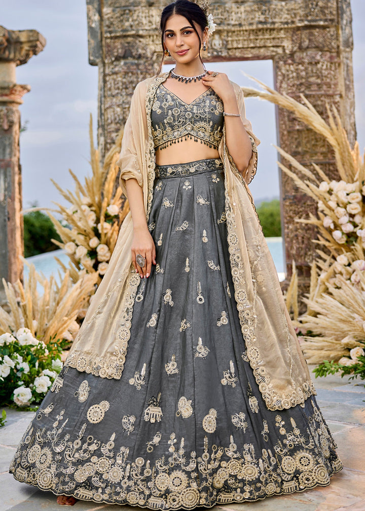 Grey Tissue Lehenga Choli with Beads & Sequince Embroidered