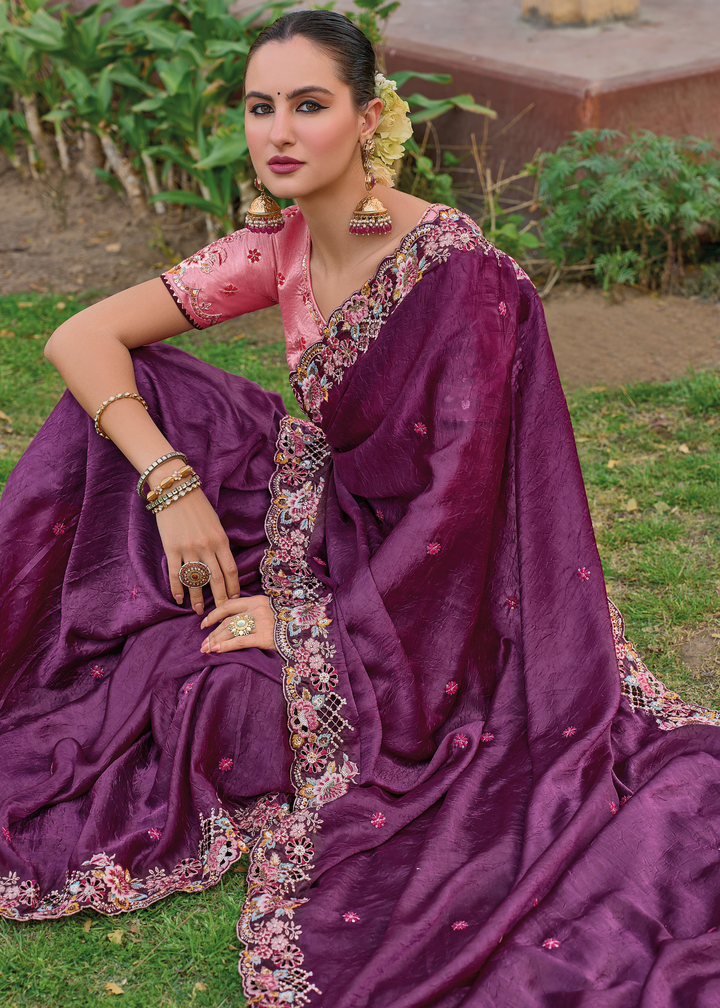 Lollipop Purple Tissue Organza Silk with Embroidery Cut Work Border, Stone & Sequence work