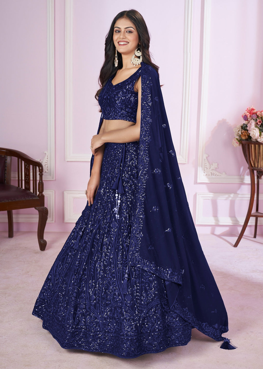 Dark Blue Georgette Lehenga Choli With Sequins And Thread Embroidery Work
