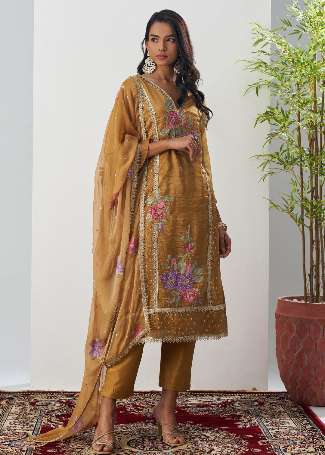 Gamboge Yellow Silk Pant Suit With Chiffon Dupatta
