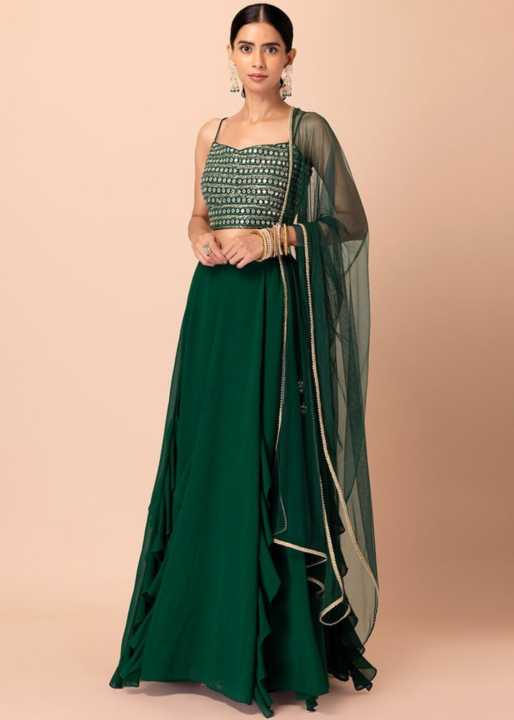 Dark Green Georgette Lehenga Choli With Sequins And Thread Embroidery Work