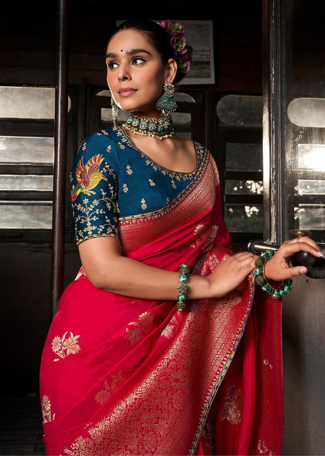 Red Soft Dola Viscous Silk with 3d Weaved Pallu and contrast blouse Saree