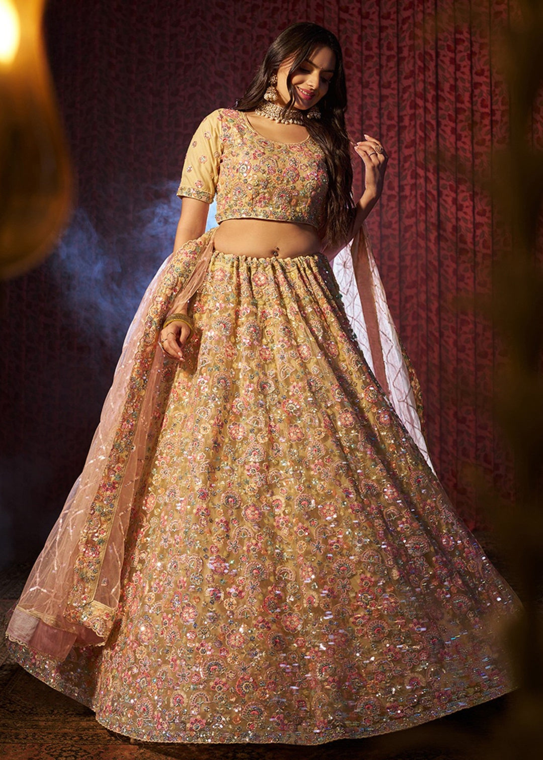 Beige Sequins Thread work Net Lehenga