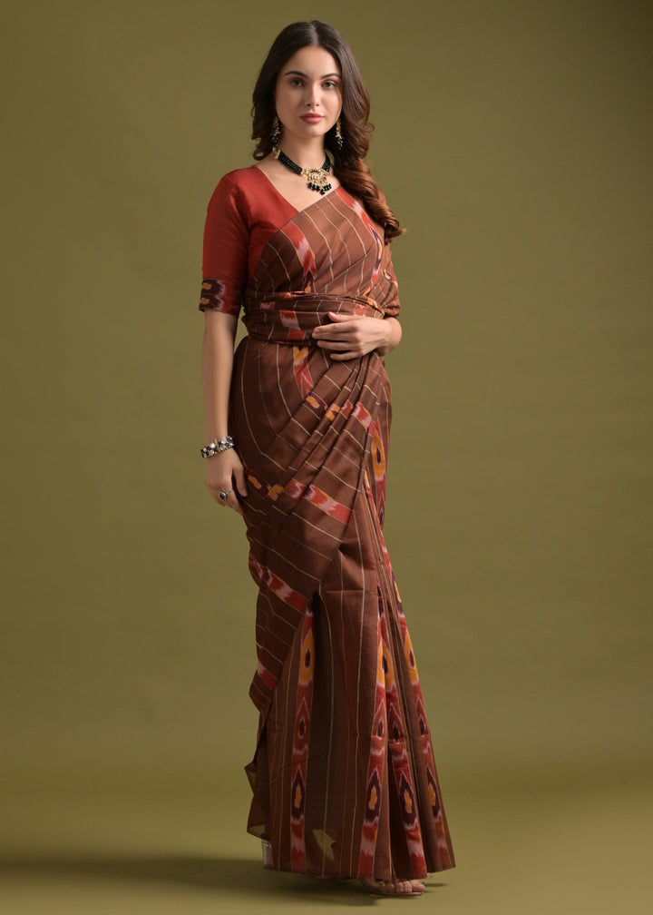 Coffee Brown Soft Ikkat Cotton Saree