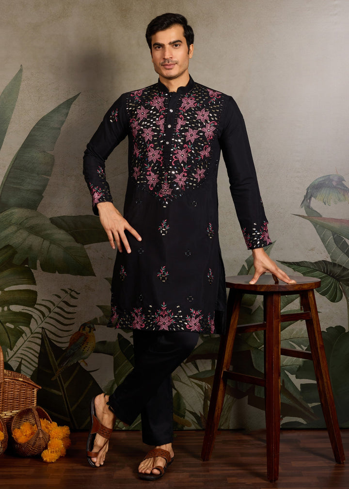 Deep Black Mens Wear Silk Kurta with Pant