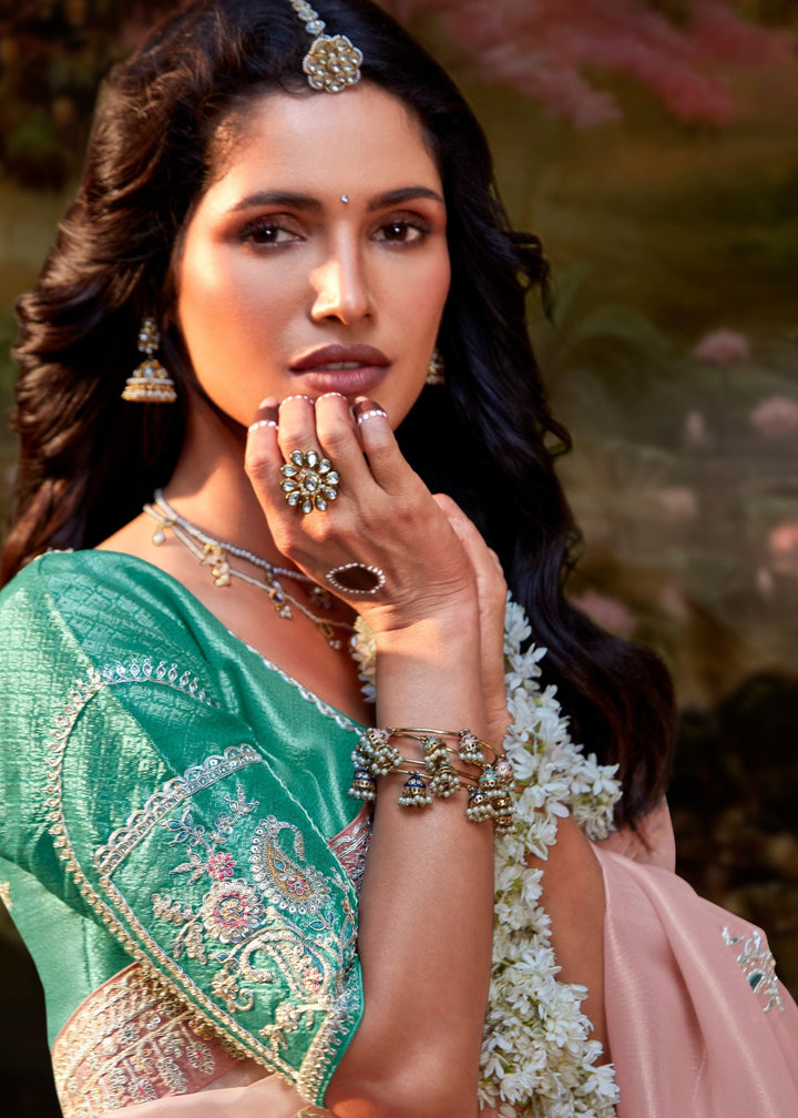 Aqua Green And Light Pink Saree With Embroidery And Handwork Designer Cut Border