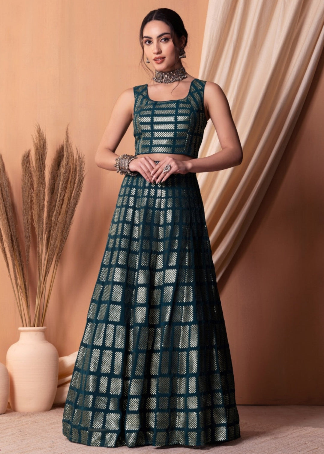 Teal Blue Georgette Lehenga Choli With Sequins And Thread Embroidery Work