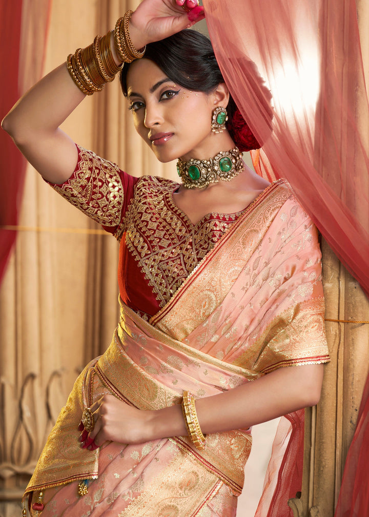 Peach Pink Satin Silk Saree