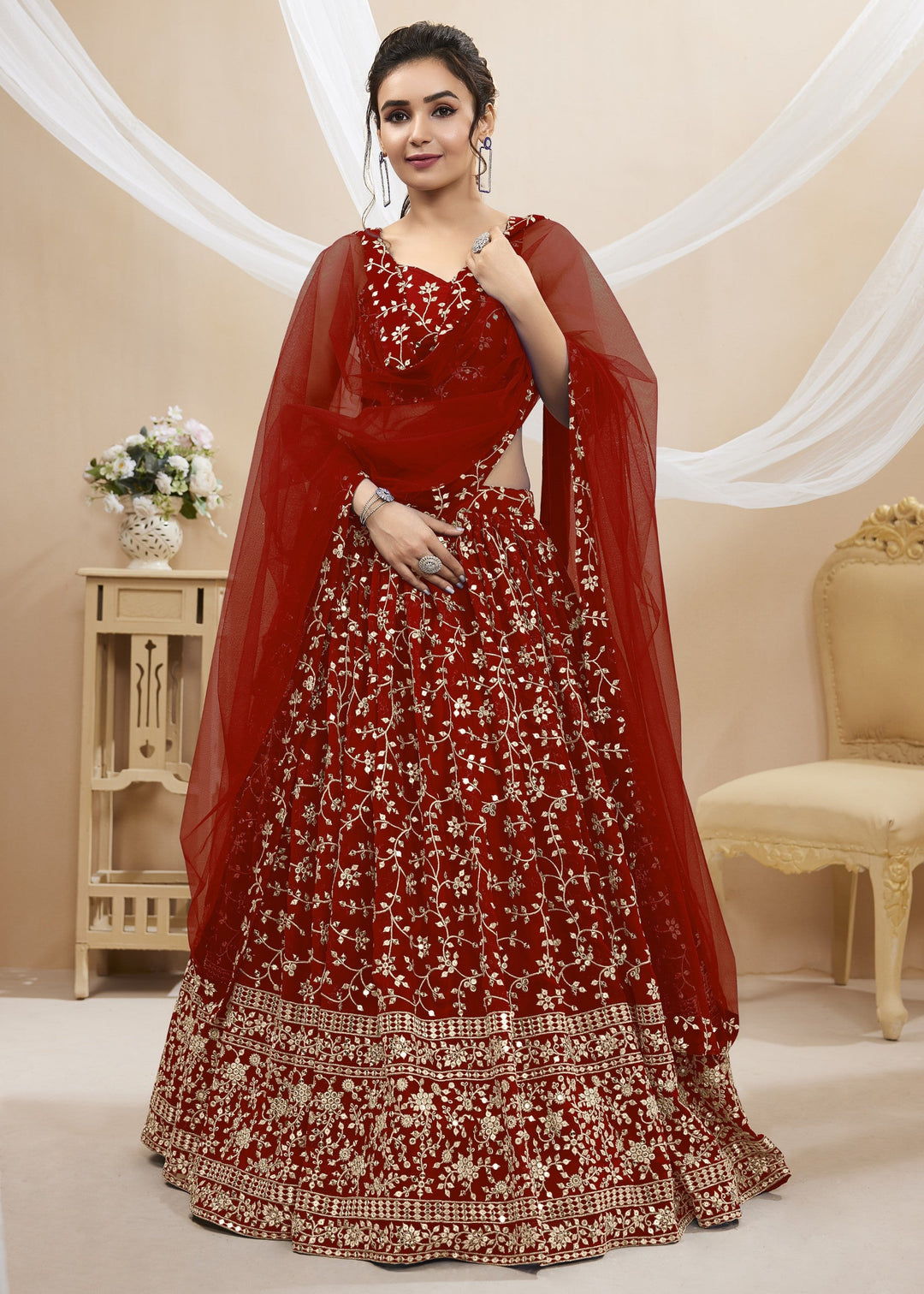 Maroon Red Georgette Lehenga Choli With Sequins Zari Embroidered Work