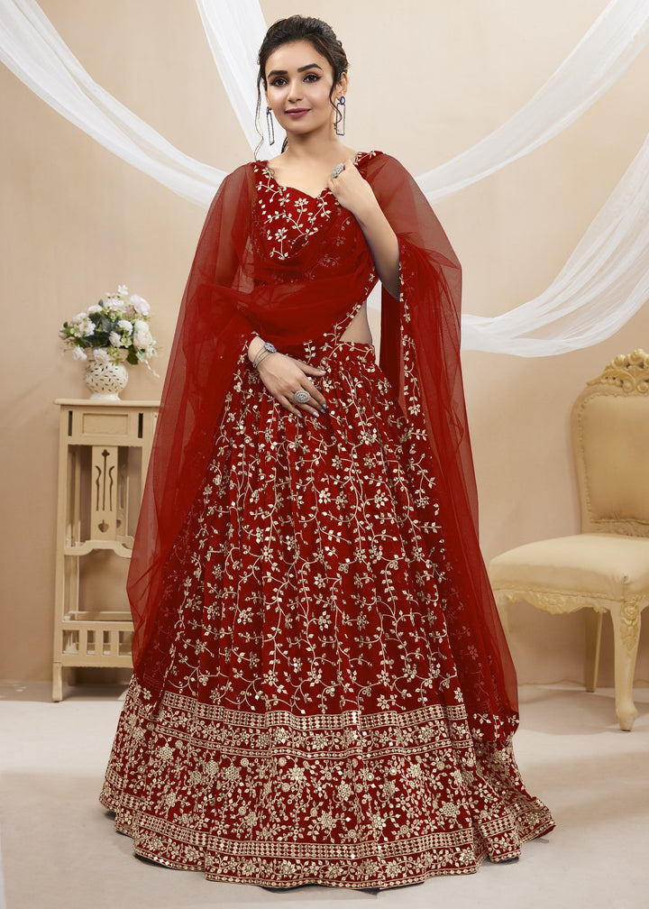 Maroon Red Georgette Lehenga Choli With Sequins Zari Embroidered Work