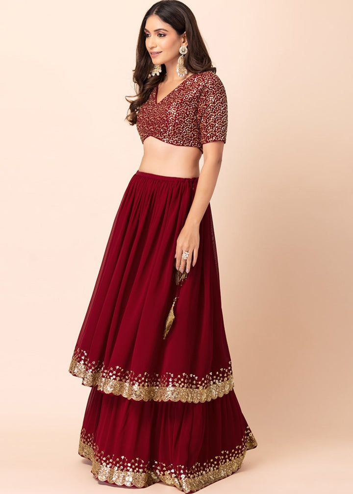 Garnet Red Georgette Lehenga Choli With Sequins And Thread Embroidery Work