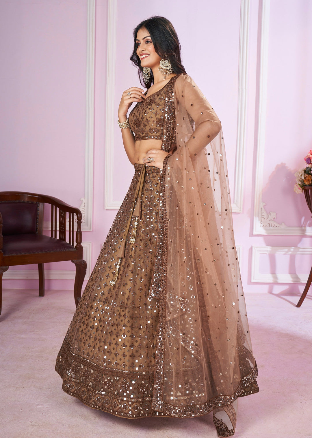 Cinnamon Brown Net Lehenga Choli With Sequins And Thread Embroidery Work