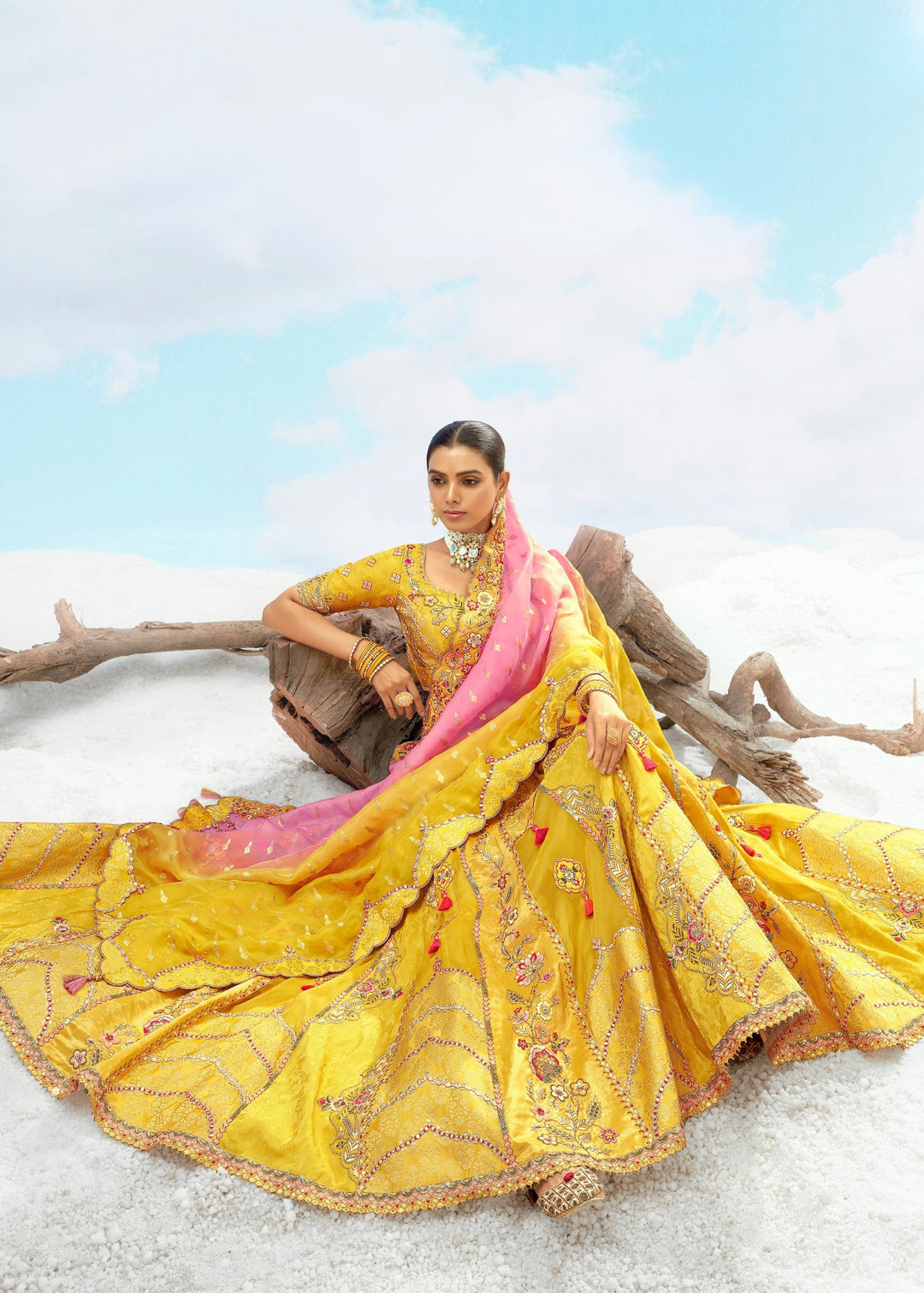 Yellow and Soft Pink Silk Lehenga With Cut Work Border