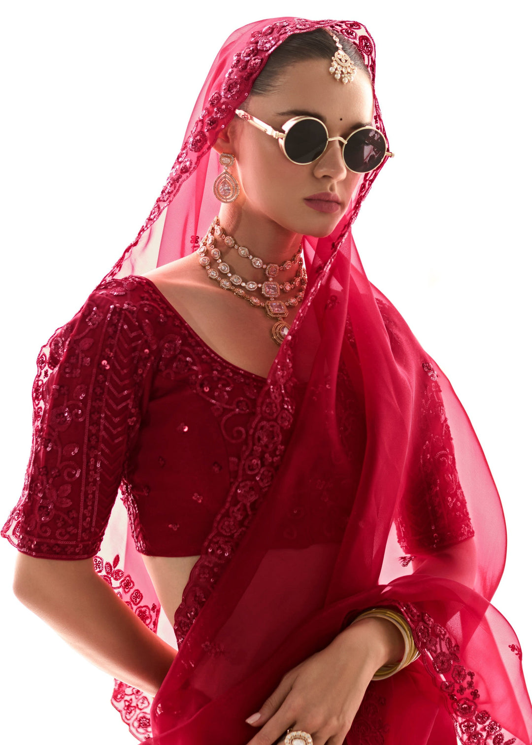 Raspberry Pink Organza Tissue Silk Saree