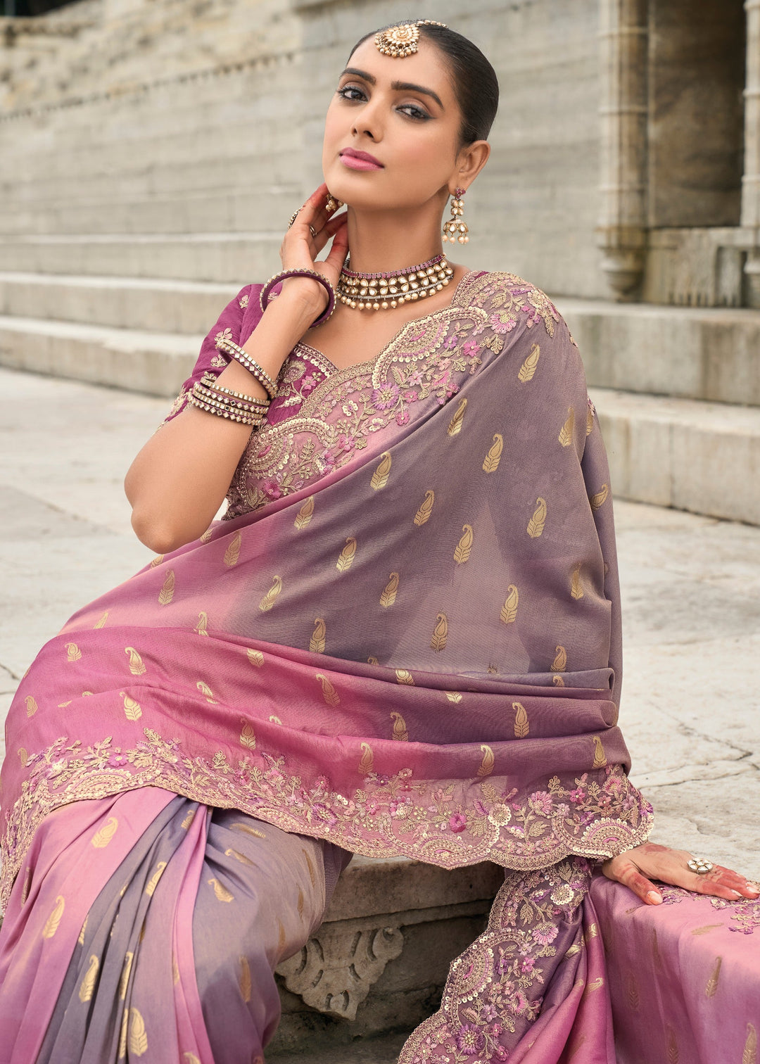 Mauve Purple And Pink Viscose Tissue Silk Saree