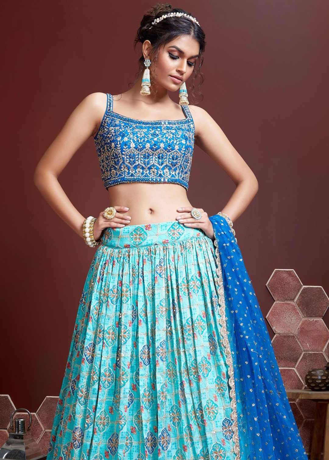 Shades Of Blue Floral Printed Chinon Silk Lehenga Choli with Embroidery & Mirror work