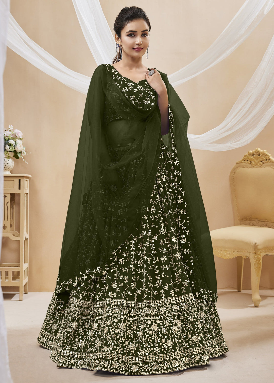 Mehendi Green Georgette Lehenga Choli With Sequins Zari Embroidered Work