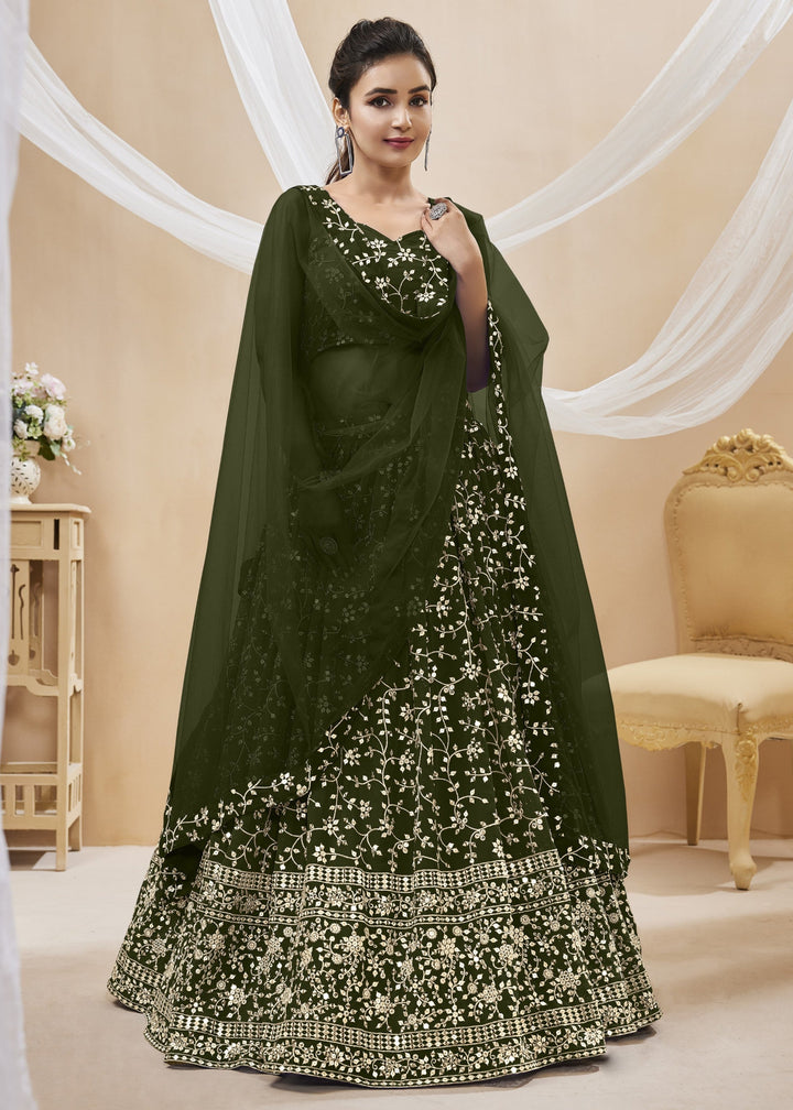 Mehendi Green Georgette Lehenga Choli With Sequins Zari Embroidered Work