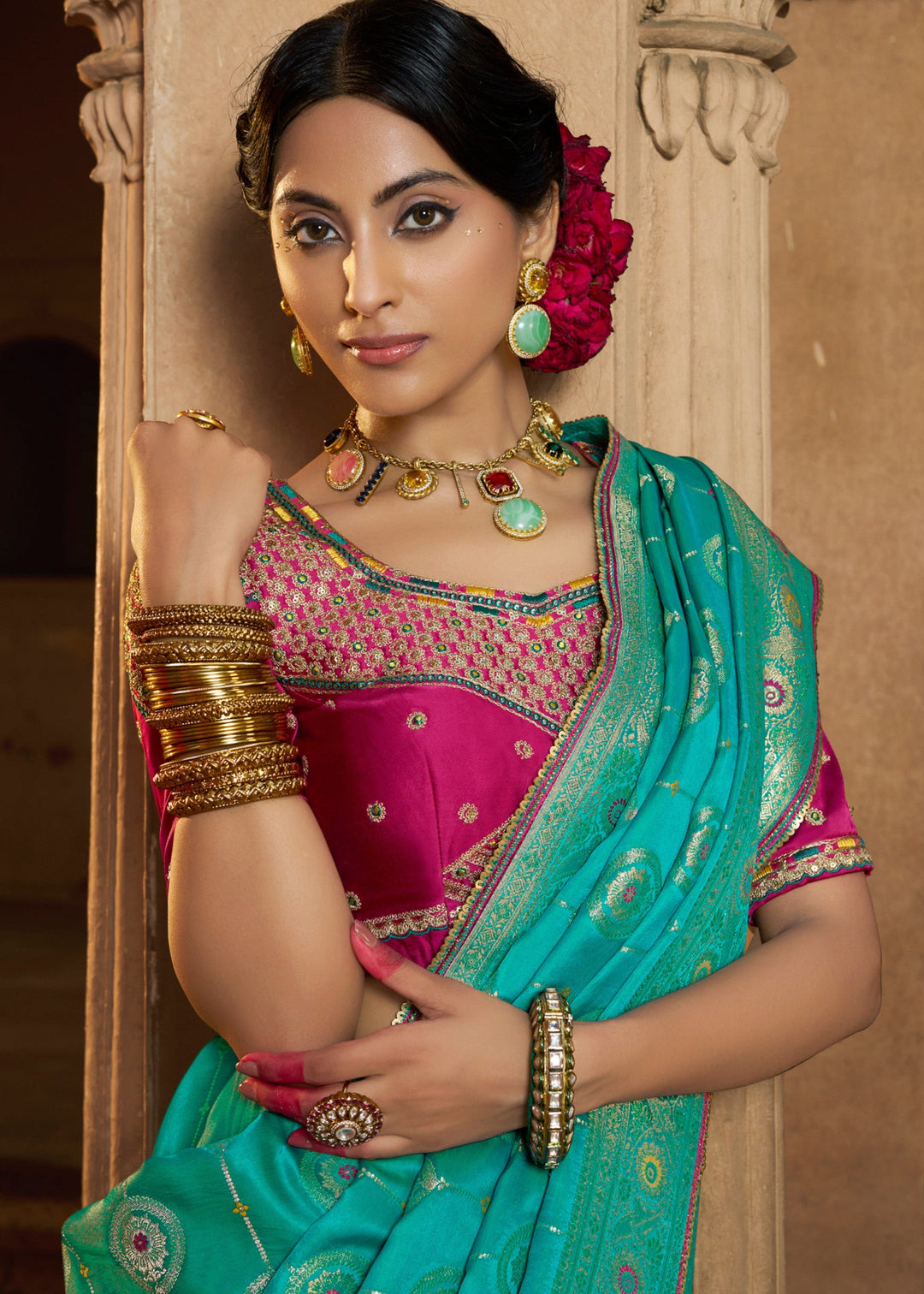 Persian Green Satin Silk Saree
