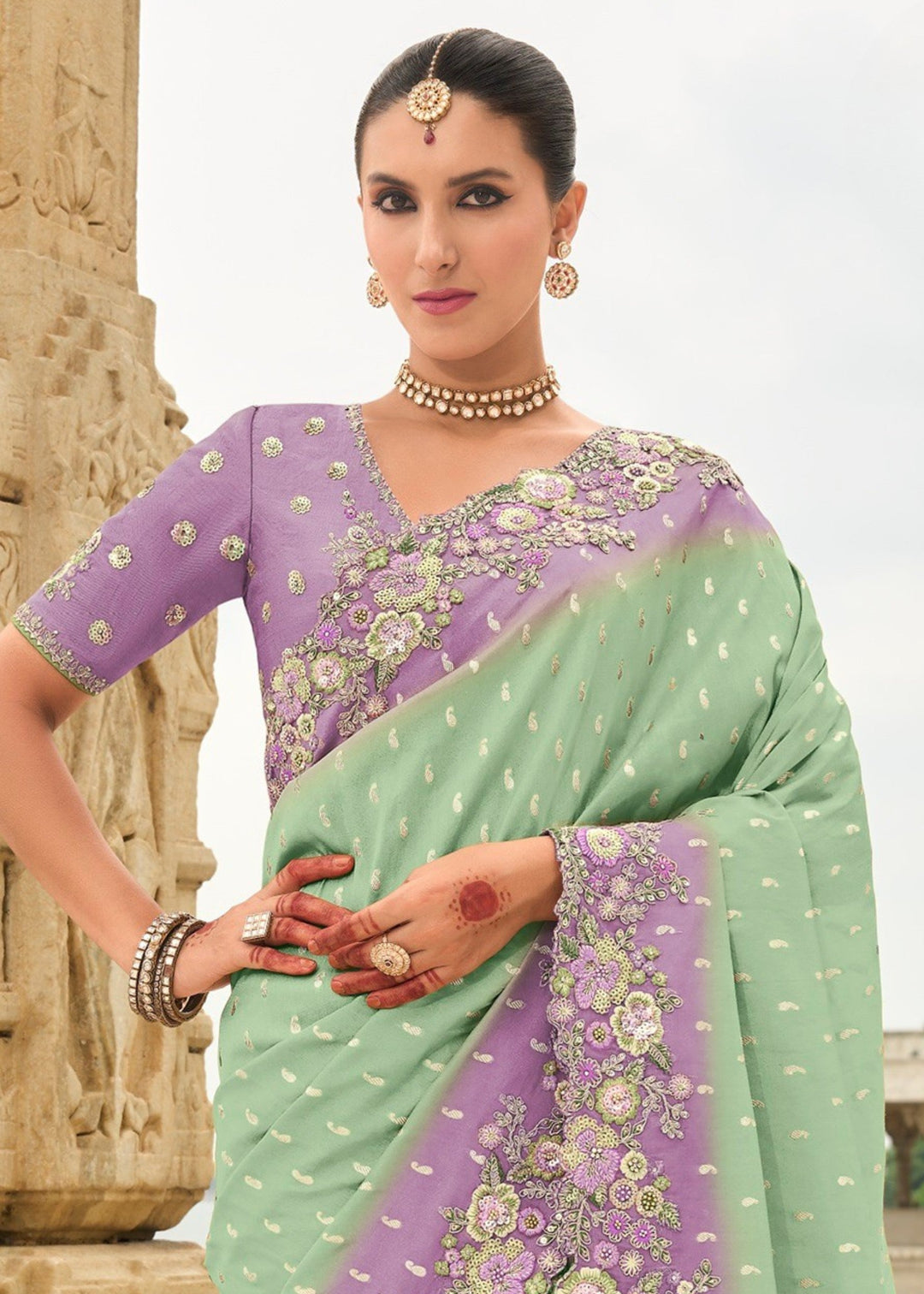 Mint Silk Saree With Embroidery Cut and Butti Work