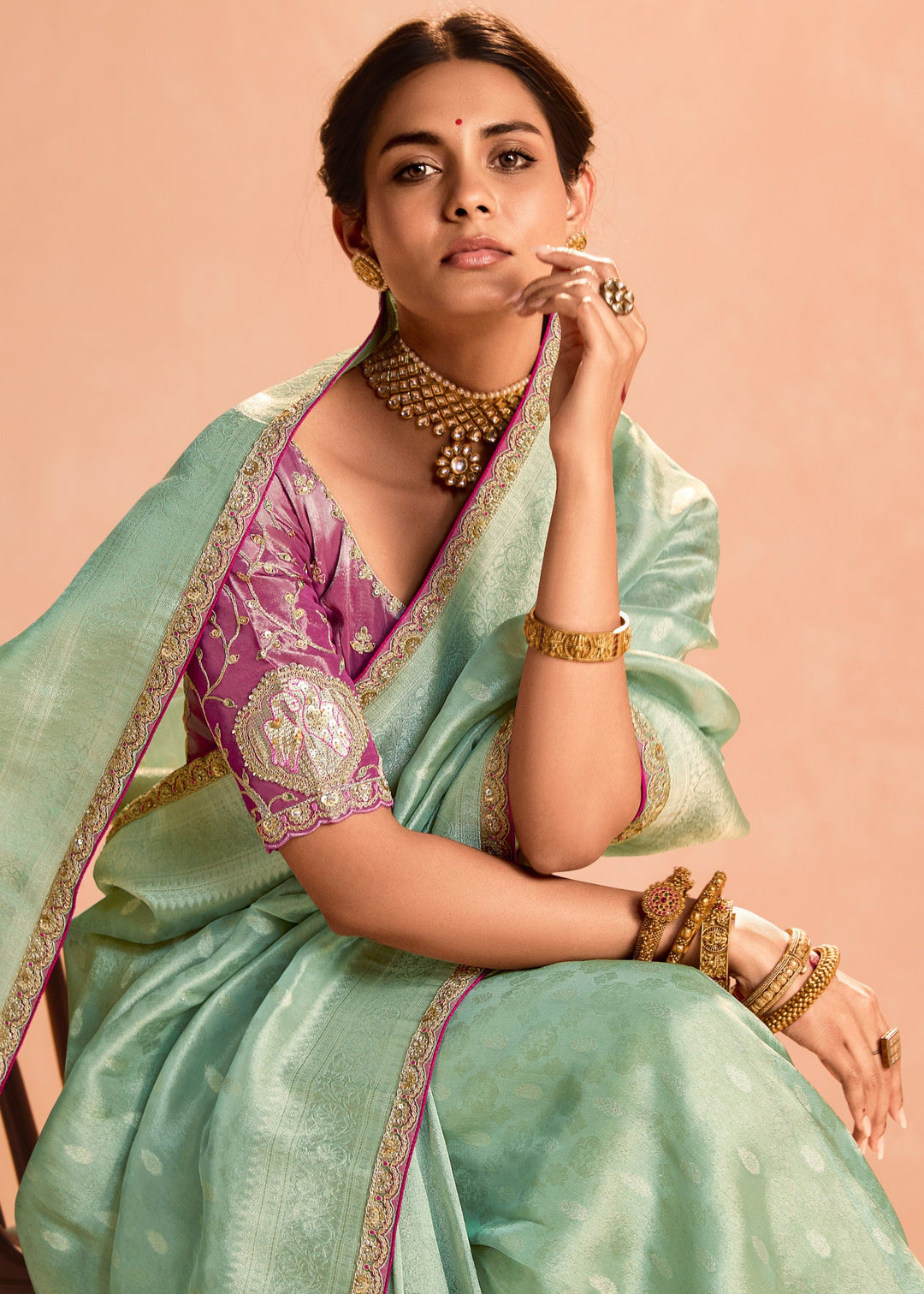 Mint Green Zari Tissue Silk Saree With Weaving Work And Heavy Embroidery Lace