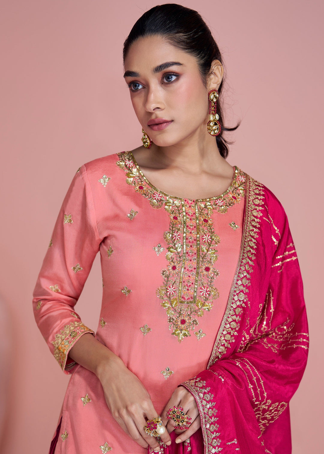 Peach Pink Chinnon Silk Plazo Suit With Thread Embroidered Work : Top Pick