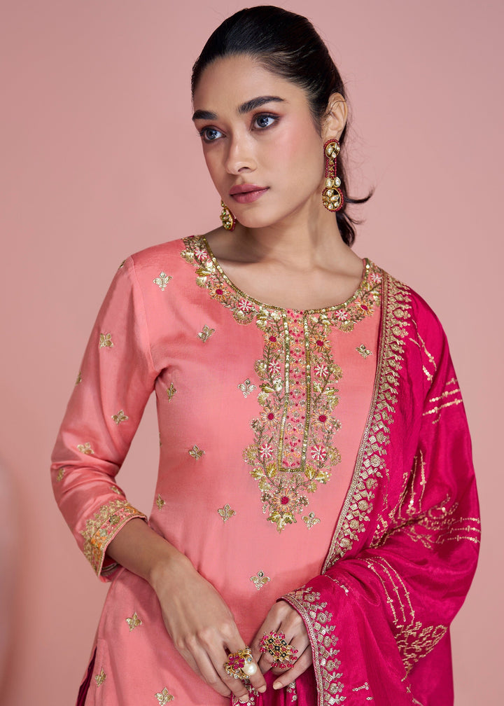 Peach Pink Chinnon Silk Plazo Suit With Thread Embroidered Work : Top Pick