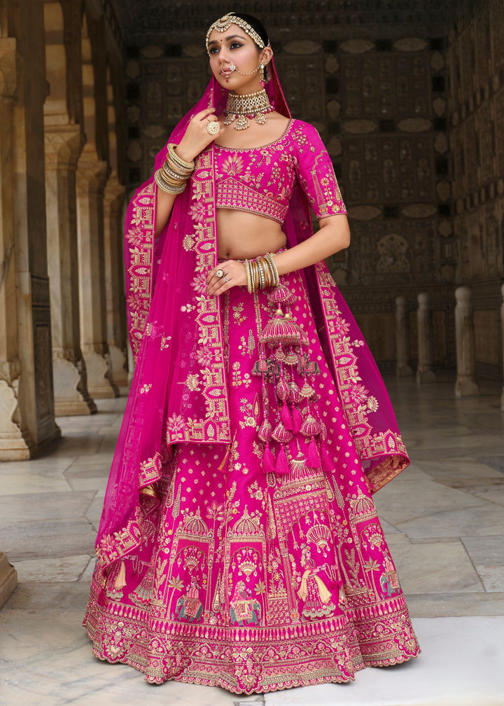 Bright Pink Heavy Bridal Silk Lehenga With Khatli And Embroidery Work