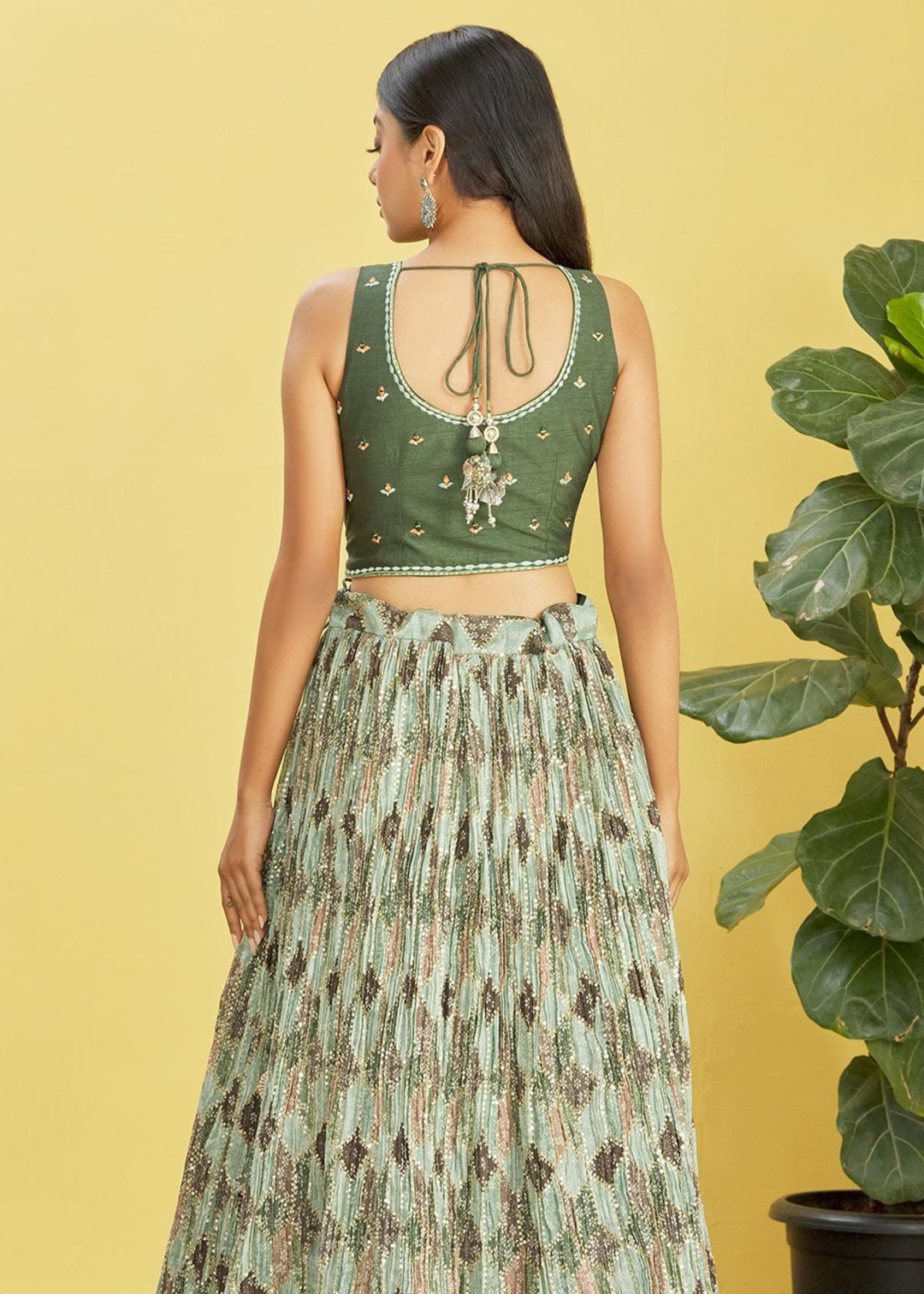 Shades Of Green Digital Printed Chinnon Lehenga with Thread,Zari & Sequins Work