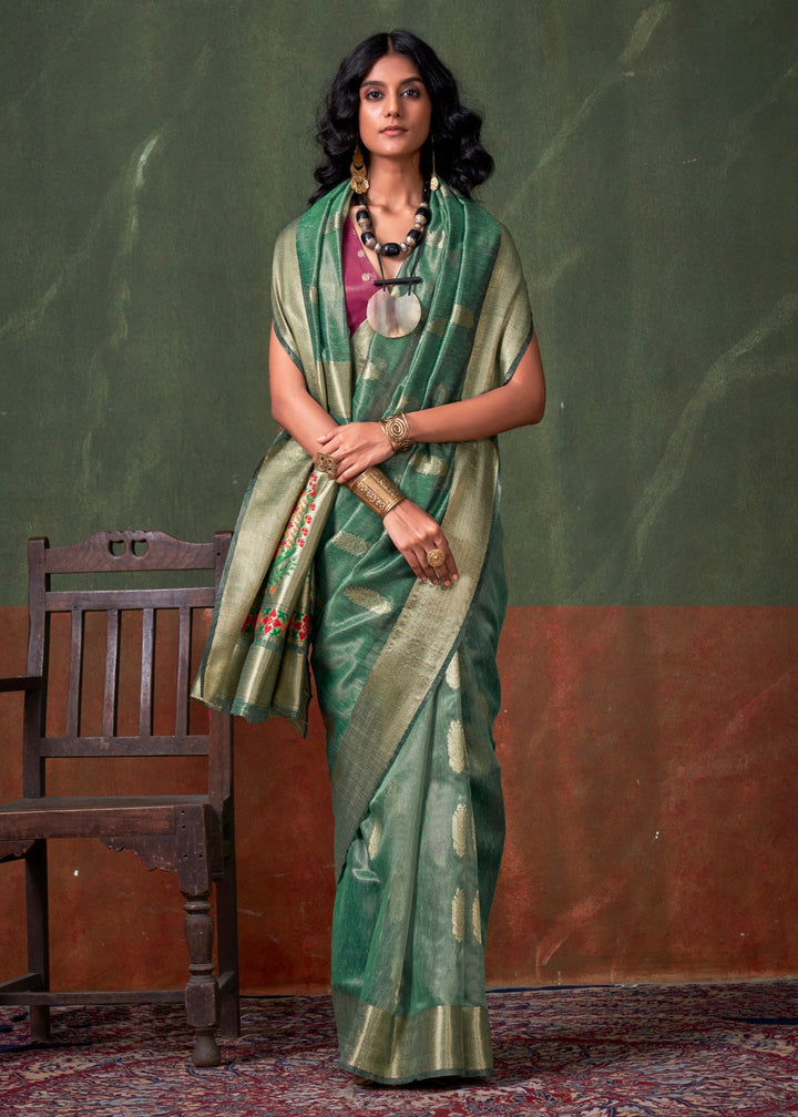 Jade Green Paithani Tissue Silk Saree With Zari Work