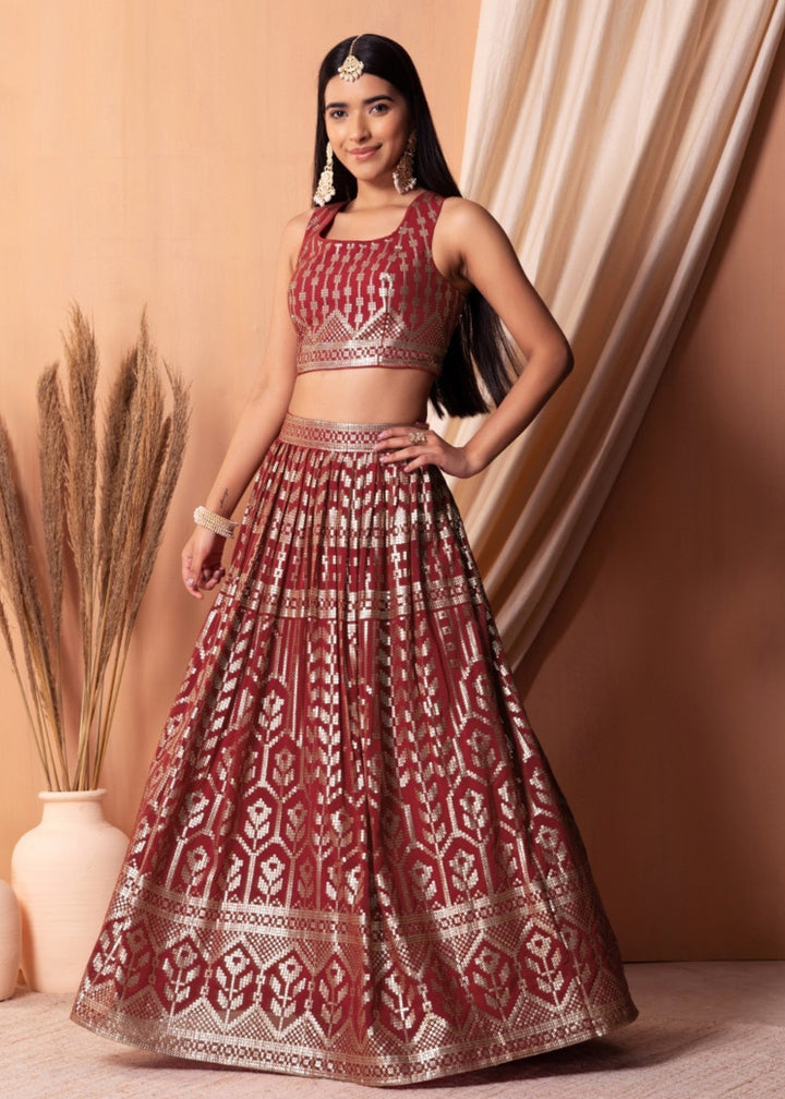 Maroon Red Georgette Lehenga Choli With Sequins And Thread Embroidery Work