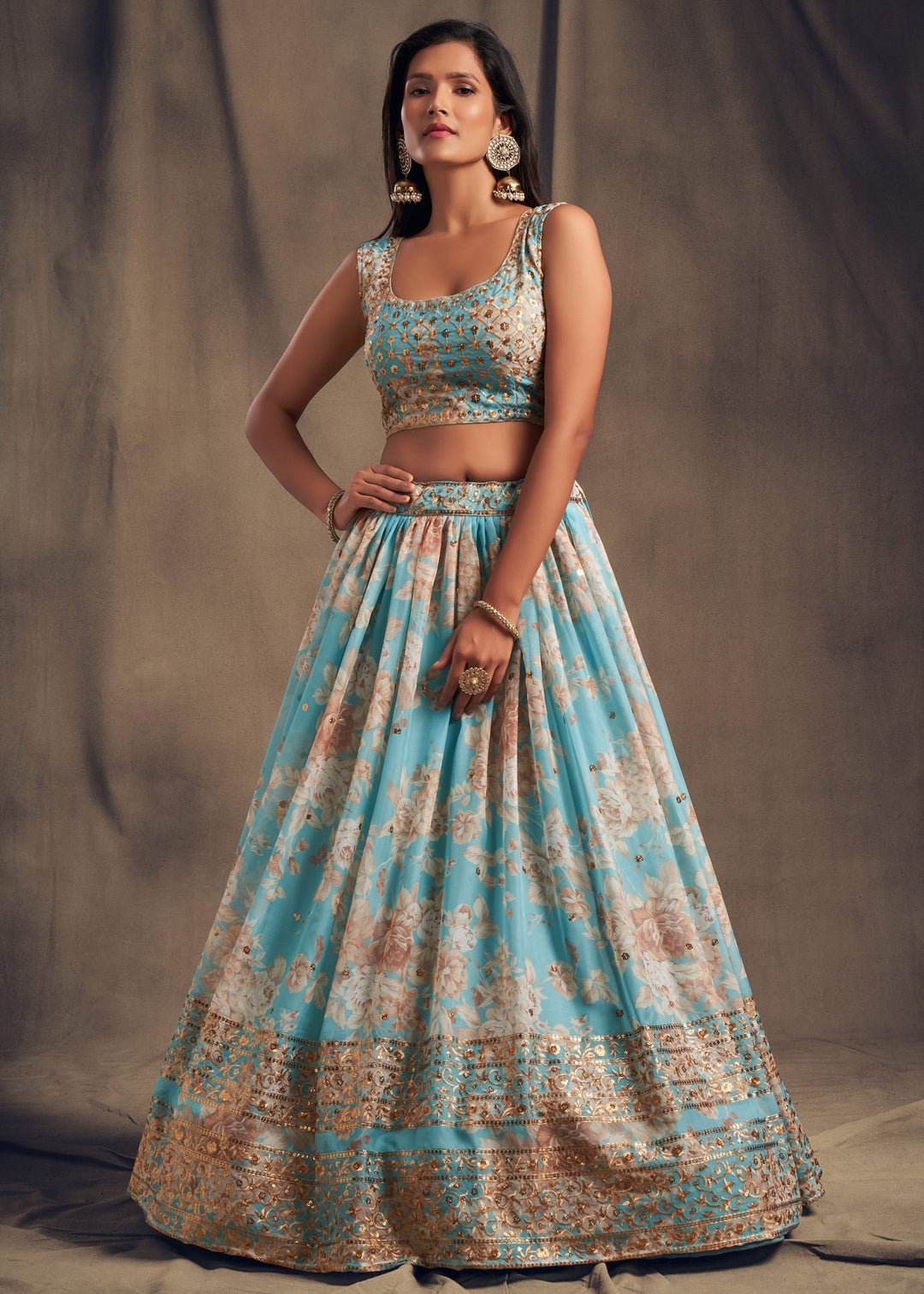 Sky Blue Organza Lehenga with Dupatta