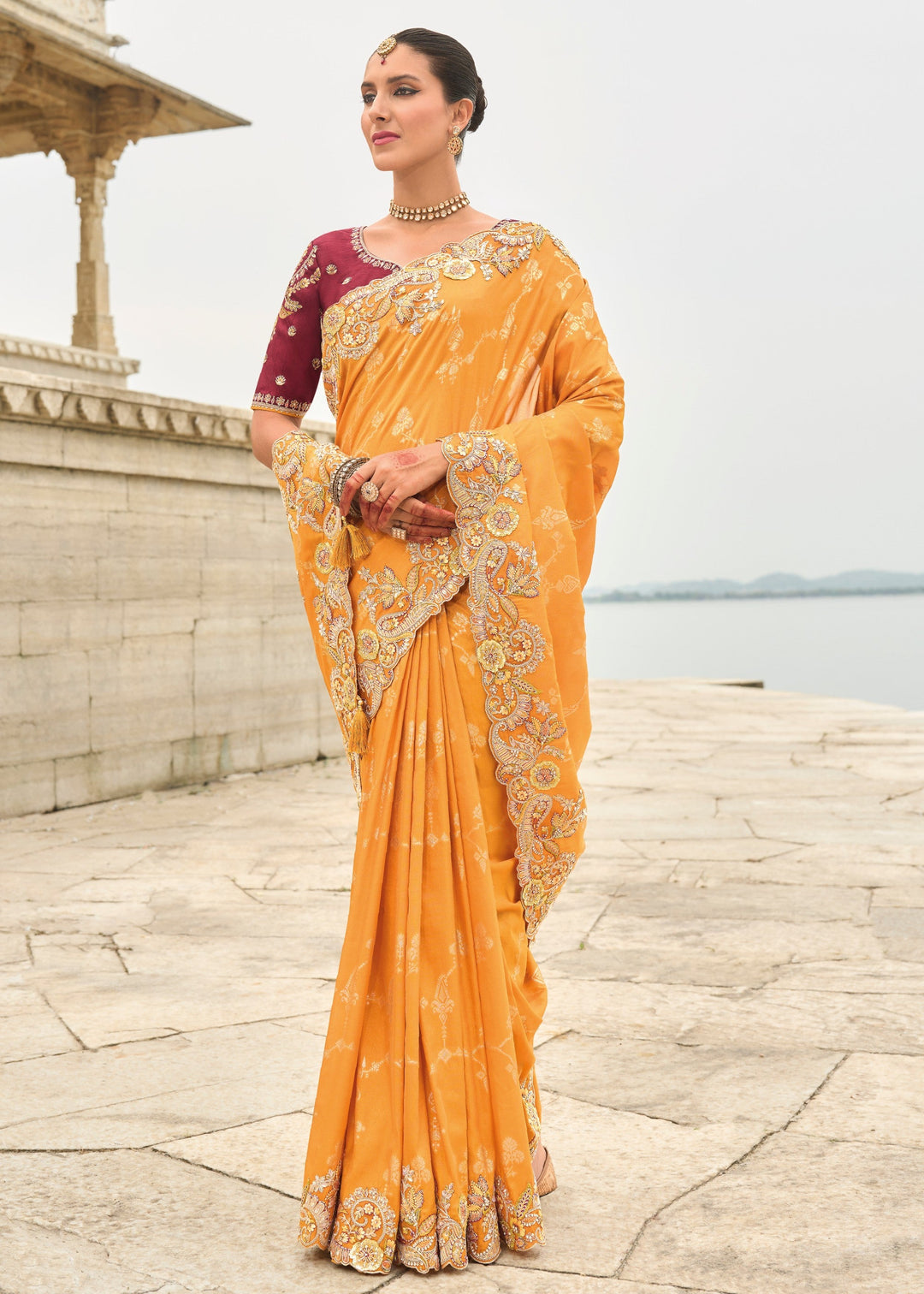 Orange Viscose Tissue Silk Saree