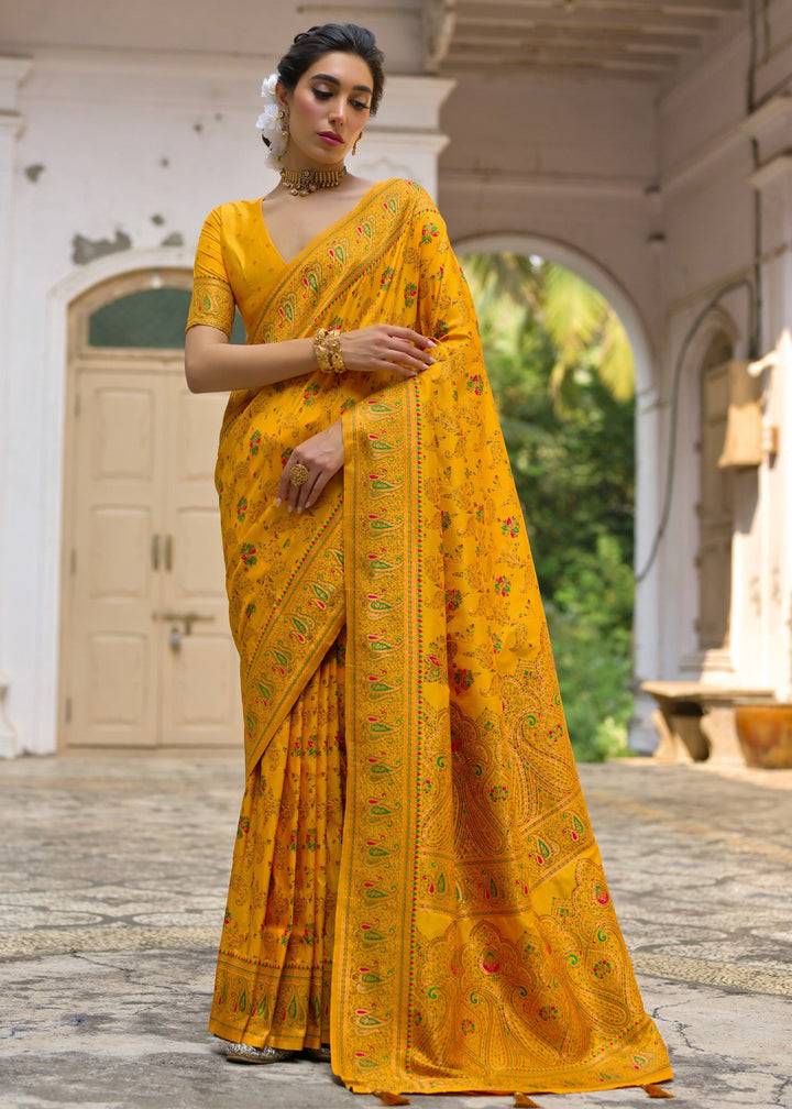 Yellow Thread Woven Jal & Flower Silk Saree With Thread Woven Pallu