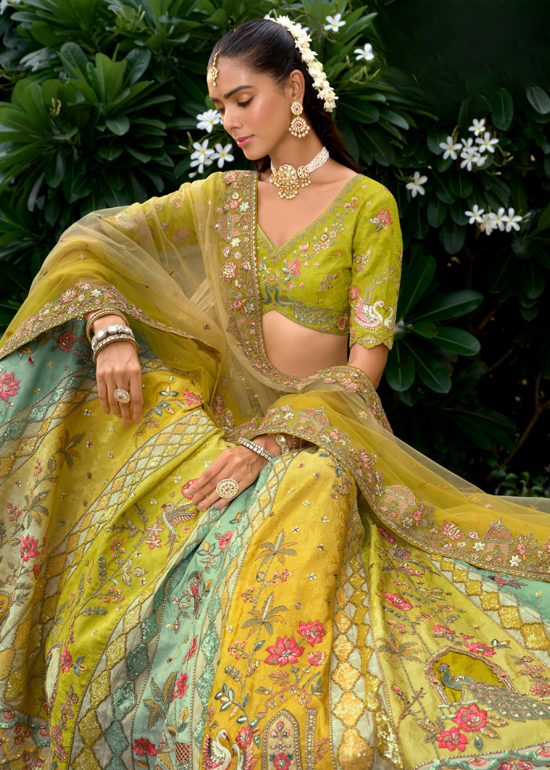 Olive Yellow Floral Silk Lehenga With Cut Work Border And Embroidery