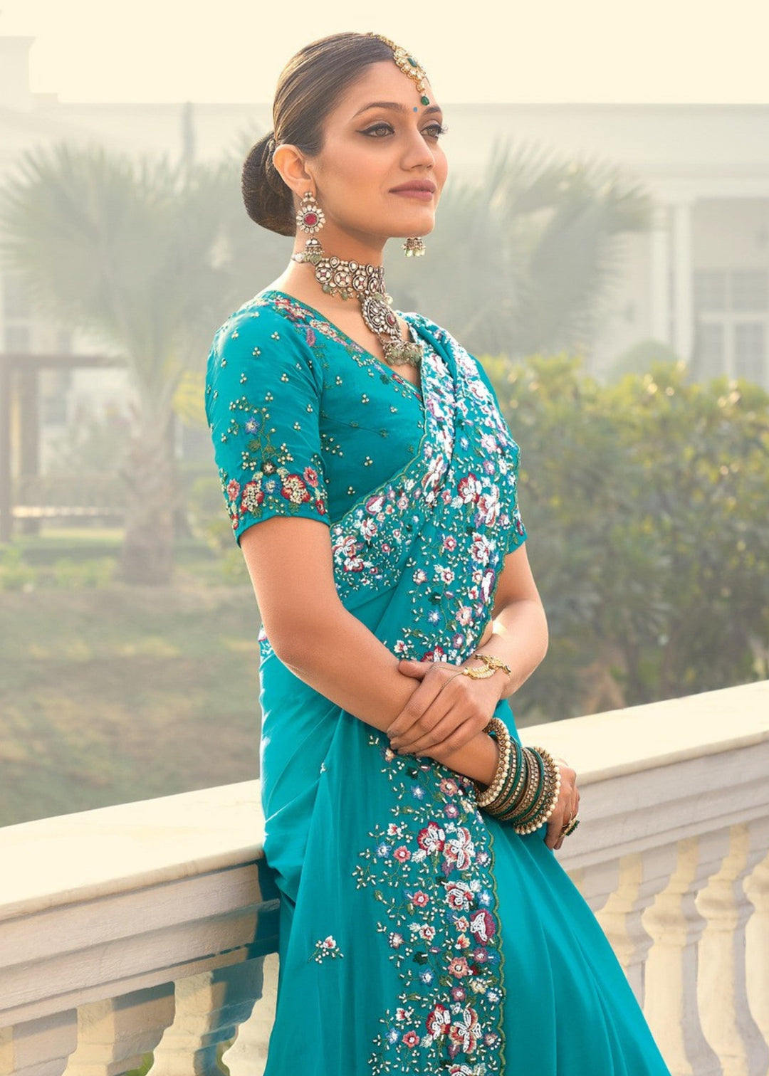 Firozi Blue Crepe Silk Saree