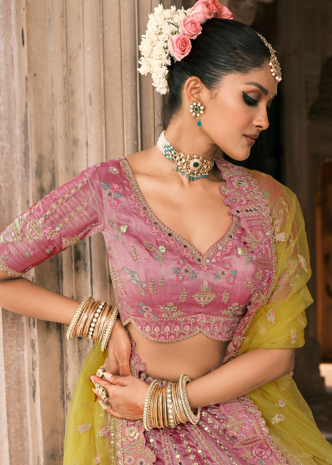 Sunshine Yellow & Pink Fancy Silk Lehenga Choli With Cut Work Embroidery Border & Stone Work