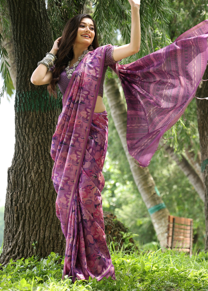 Wine Printed Cotton Silk Saree
